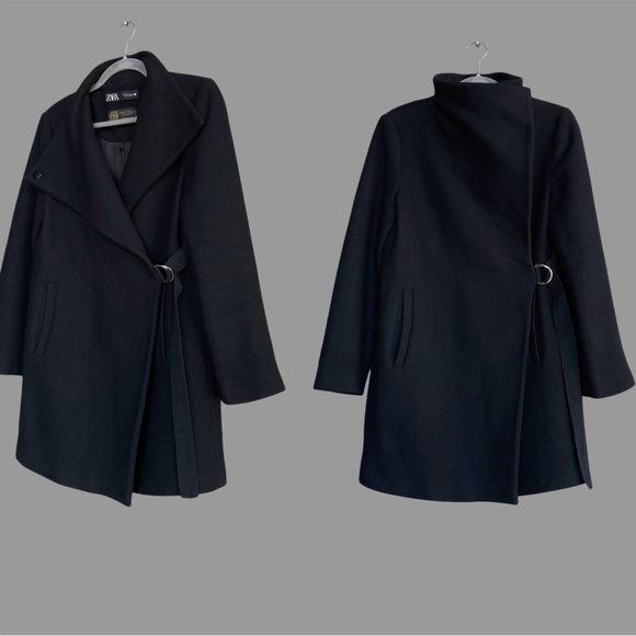 ZARA MANTECO Italian Luxury Wool Black Asymmetrical Belted Jacket Colins Coat M - Picture 4 of 16
